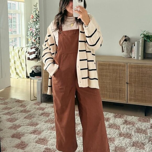 Women Corduroy Overalls Winter Fall Casual Loose Sleeveless Adjustable Strap Wid - Picture 8 of 9